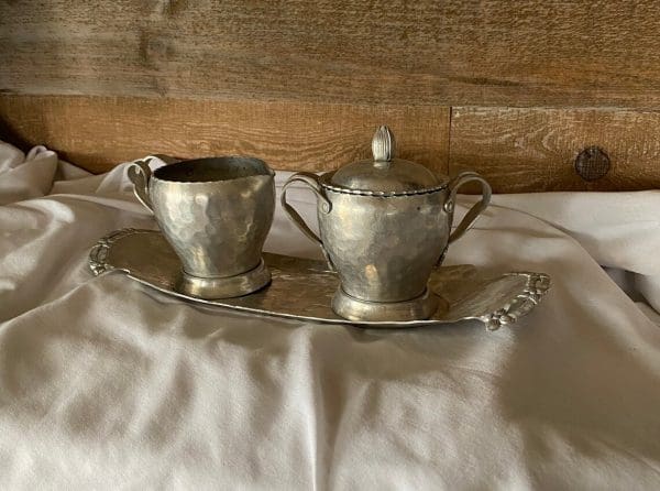 vintage creamer and sugar set metal on tray 1950s