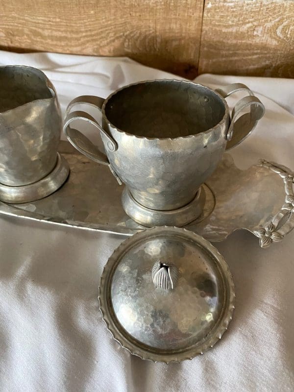 vintage creamer and sugar set metal on tray double handle sugar dish