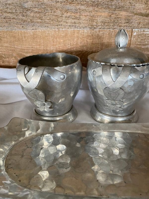 vintage creamer and sugar set metal on tray textured hammered aluminum