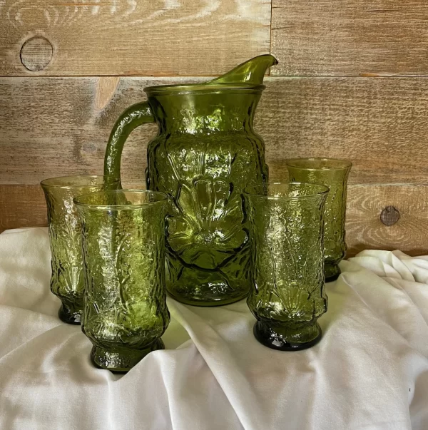 Anchor Hocking green pitcher and glasses