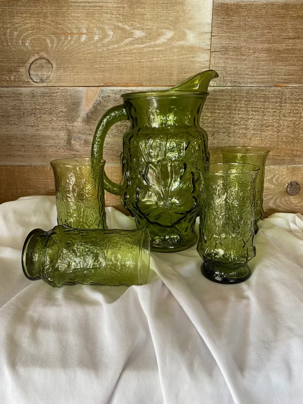 Anchor Hocking green pitcher pressed glass set