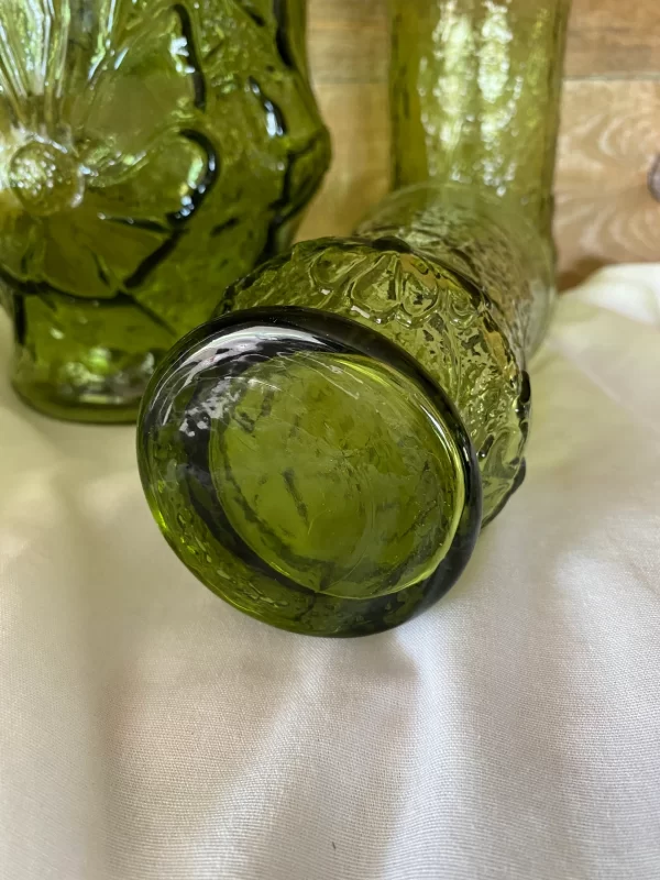 Anchor Hocking green pitcher and glass set bottom of one glass