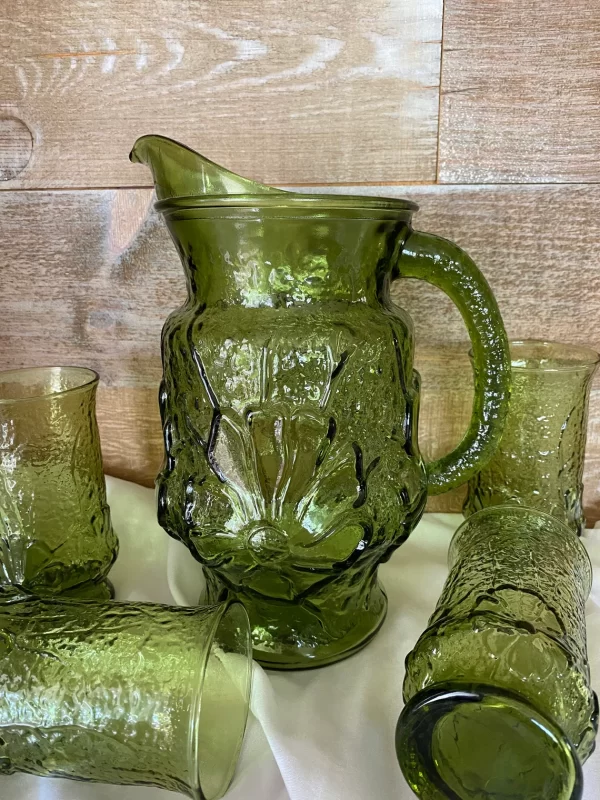 Anchor Hocking green pitcher left side set with four glasses