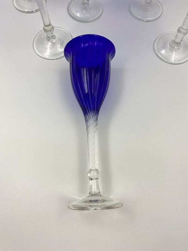 cobalt blue wine glasses one of six on side to show detail