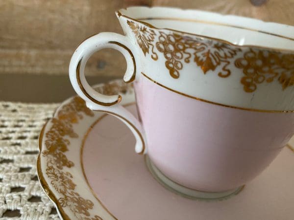 pink and gold tea cups Colclough close handle