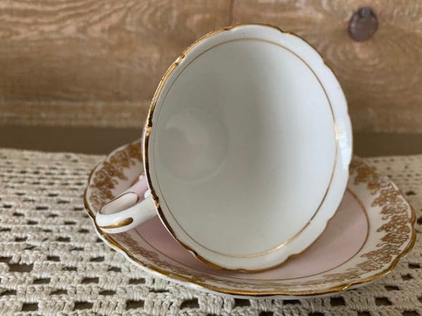 pink and gold tea cups Colclough inside cup