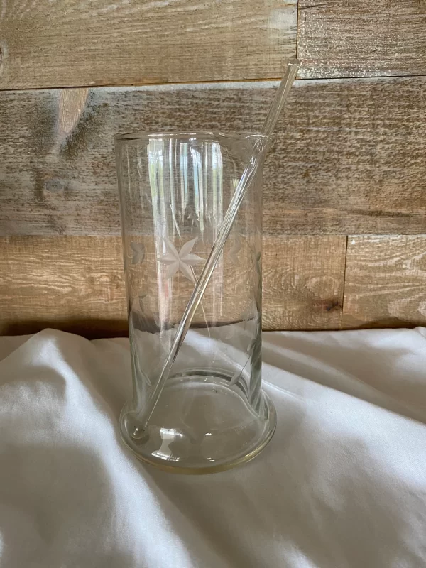 beaker glass pitcher right side showing etched glass