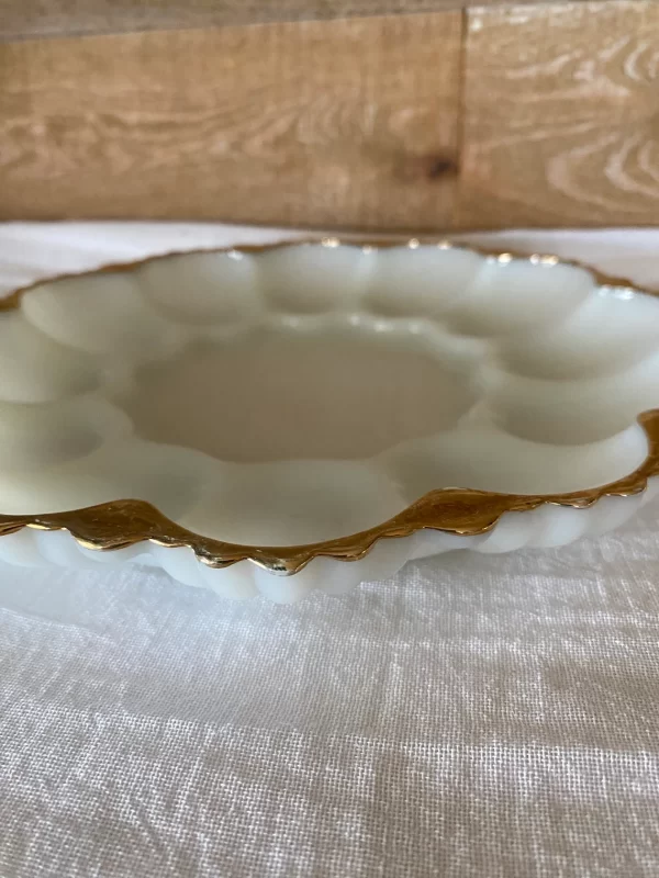 vintage deviled egg dish white glass with gold edge