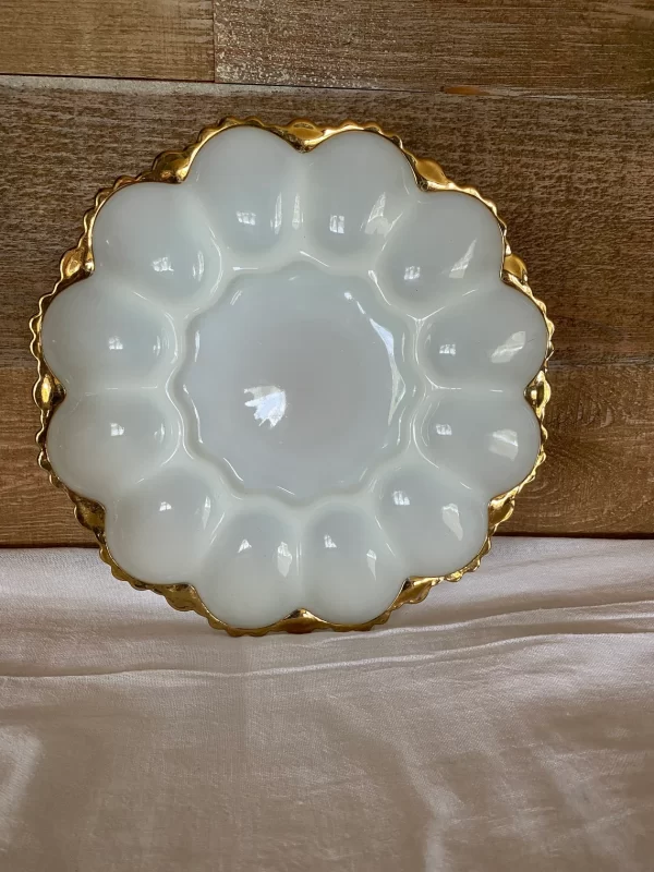 vintage deviled egg dish Fire King milk glass with gold edge