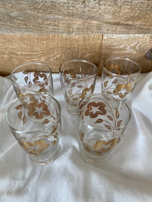 vintage juice glasses gold flower design five