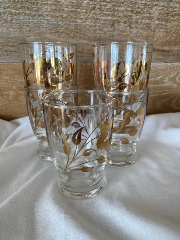 vintage juice glasses gold flower design stacked