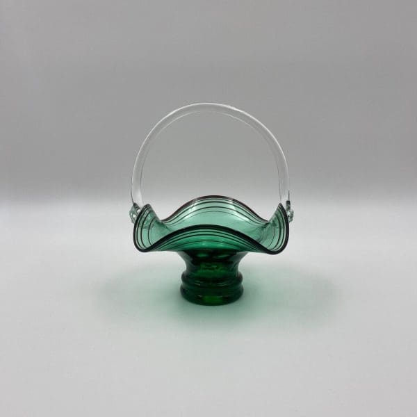 vintage green glass basket with handle ruffled