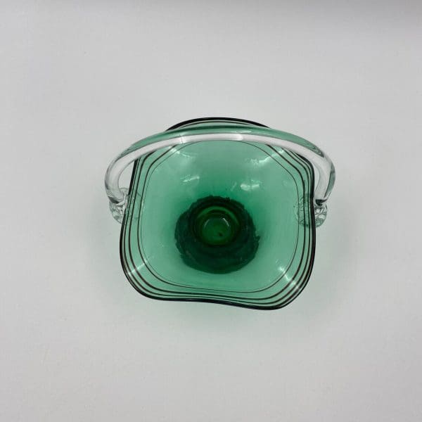 vintage green glass basket with handle top view