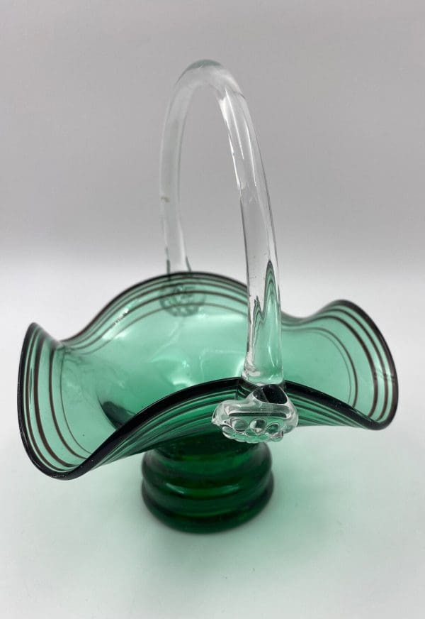 vintage green glass basket with handle applied