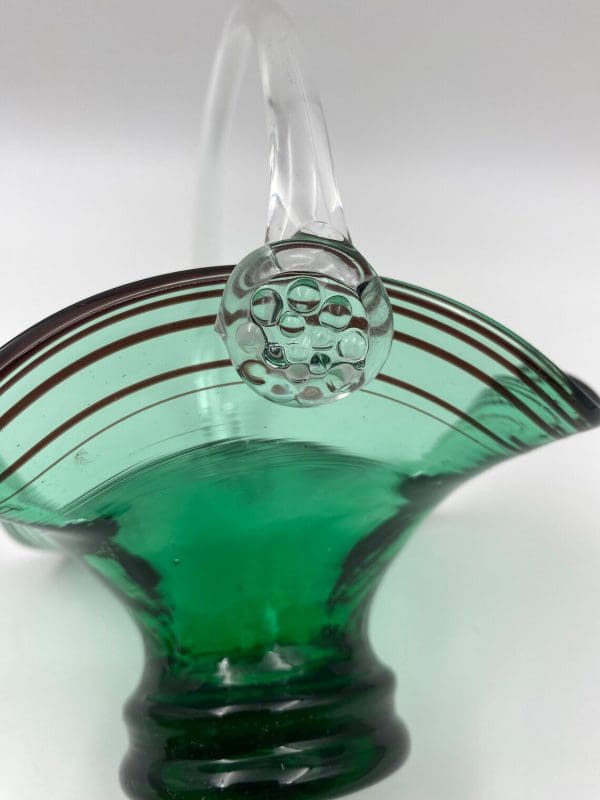 vintage green glass basket with handle close