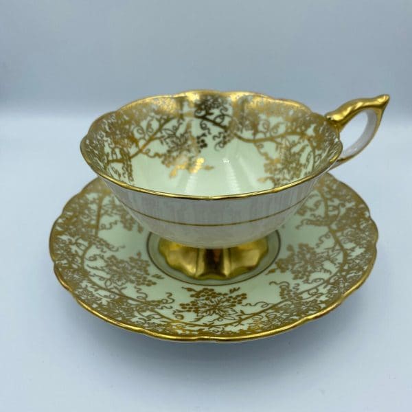 Royal Stafford tea cup Mint Green with Gold Grape Vine Design front