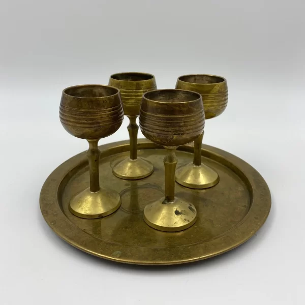 brass shot glasses stemmed with tray striped sides