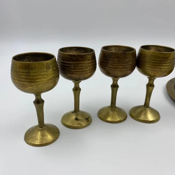 brass shot glasses stemmed with tray set of four showing glasses only