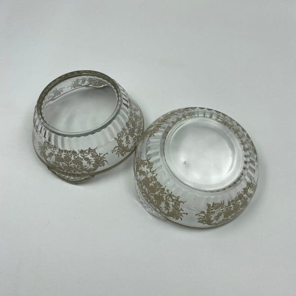 glass with silver overlay bottoms of two relish dishes