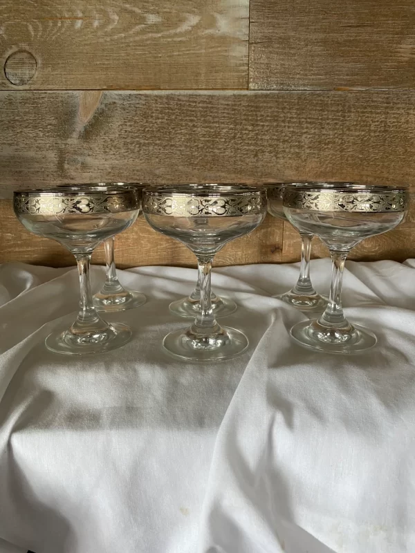 vintage margarita glasses with patterned silver rims