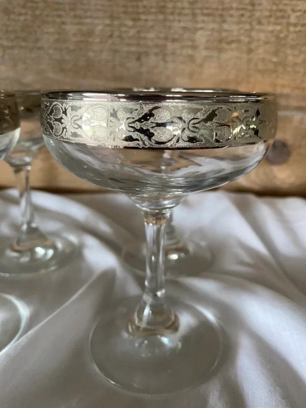 vintage margarita glasses with patterned silver rims