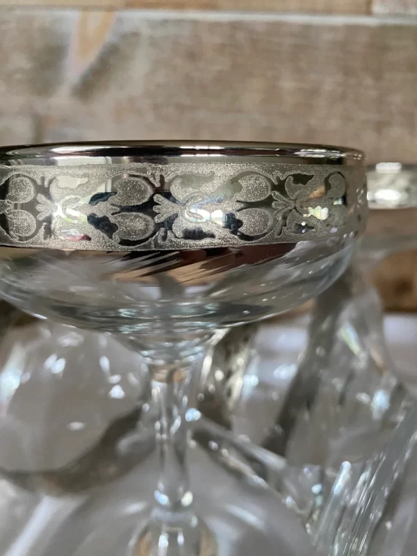 vintage margarita glasses close to show silver rim design