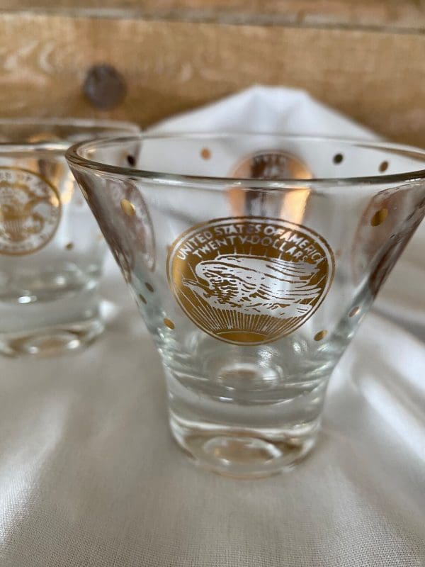 gold coin glasses twenty dollar eagle coin